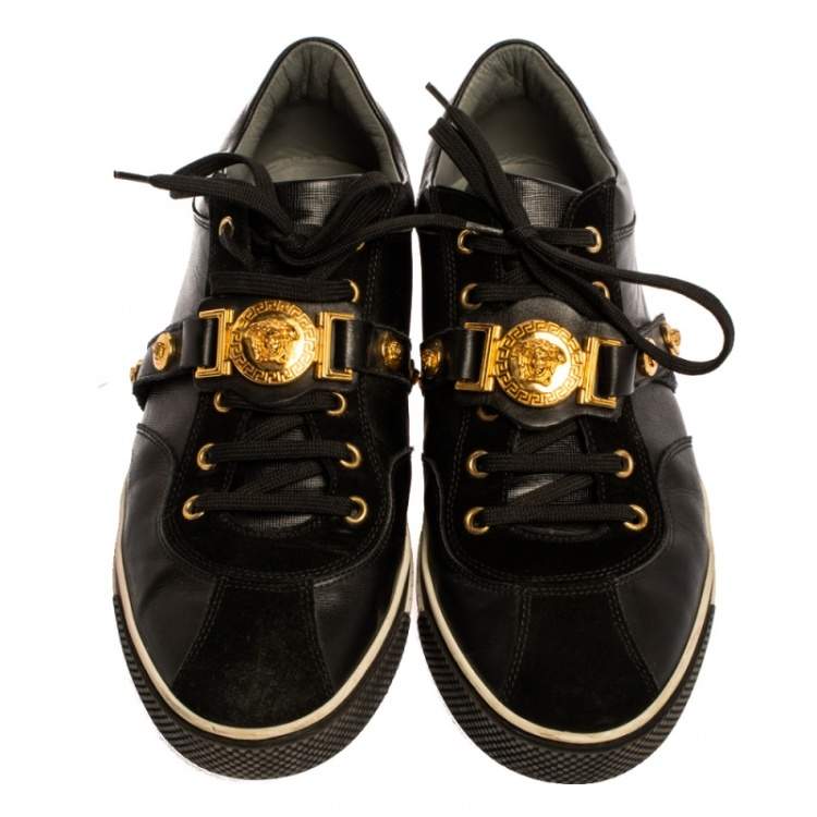 Pre Owned Versace Black Suede And Leather Medusa Low Top Lace Up Sneakers Size 41