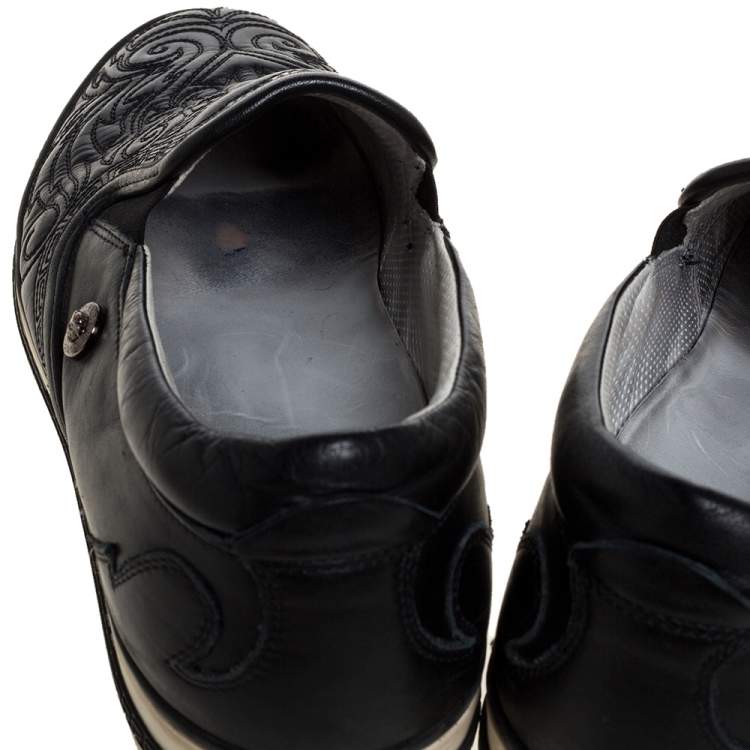 Pre Owned Versace Black Baroque Embroidered Leather Slip On Sneakers Size 41