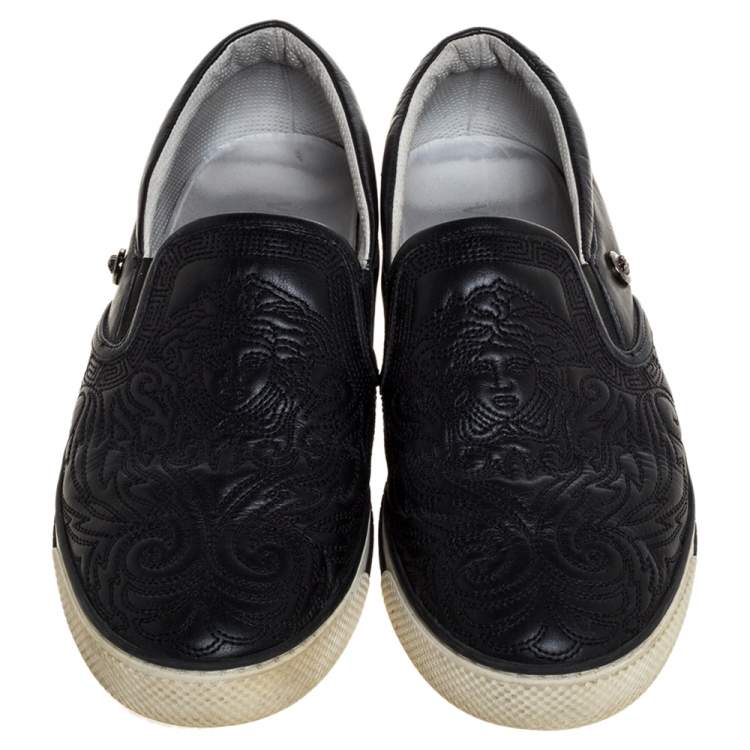 Pre Owned Versace Black Baroque Embroidered Leather Slip On Sneakers Size 41