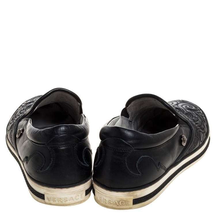 Pre Owned Versace Black Baroque Embroidered Leather Slip On Sneakers Size 41