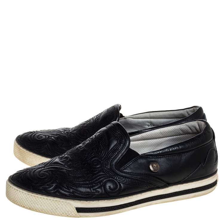Pre Owned Versace Black Baroque Embroidered Leather Slip On Sneakers Size 41