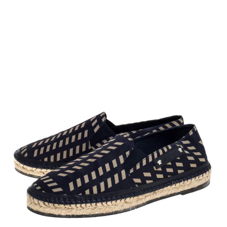 Pre Owned Versace Navy Blue Tribal Print Satin Espadrille Flats Size 42