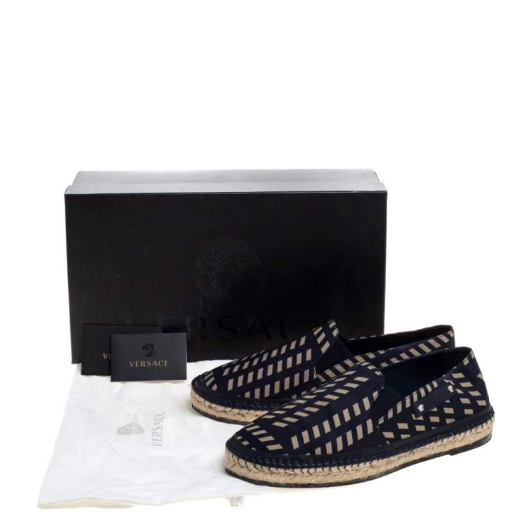 Pre Owned Versace Navy Blue Tribal Print Satin Espadrille Flats Size 42