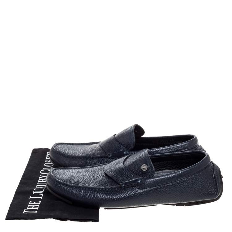 Pre Owned Versace Navy Blue Leather Slip On Loafers Size 40