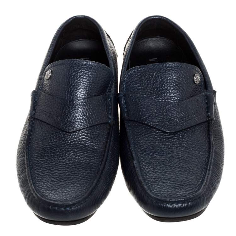 Pre Owned Versace Navy Blue Leather Slip On Loafers Size 40