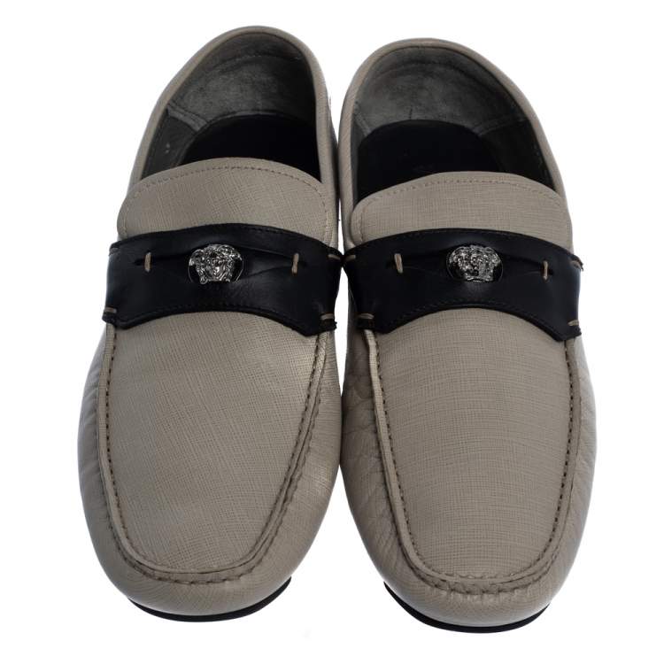 Pre Owned Versace Beige Leather Medusa Detail Slip On Loafers Size 43