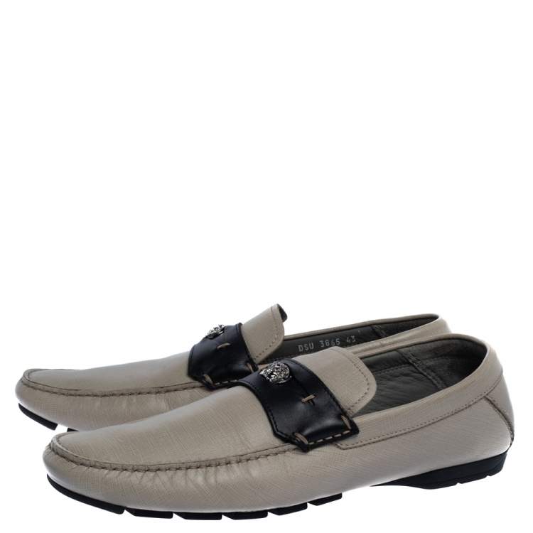 Pre Owned Versace Beige Leather Medusa Detail Slip On Loafers Size 43