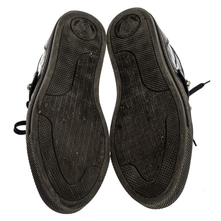 Pre Owned Versace Blue Leather And Croc Embossed Leather Medusa Low Top Sneakers Size 41