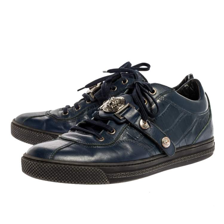 Pre Owned Versace Blue Leather And Croc Embossed Leather Medusa Low Top Sneakers Size 41