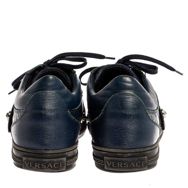 Pre Owned Versace Blue Leather And Croc Embossed Leather Medusa Low Top Sneakers Size 41