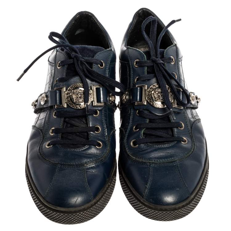 Pre Owned Versace Blue Leather And Croc Embossed Leather Medusa Low Top Sneakers Size 41