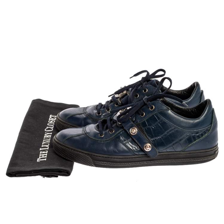 Pre Owned Versace Blue Leather And Croc Embossed Leather Medusa Low Top Sneakers Size 41