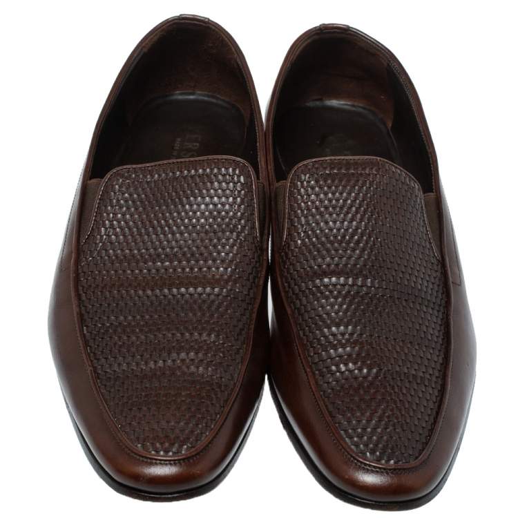Pre Owned Versace Brown Woven Leather Slip On Loafers Size 46