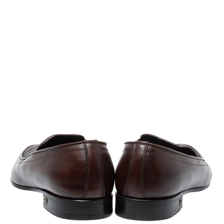 Pre Owned Versace Brown Woven Leather Slip On Loafers Size 46