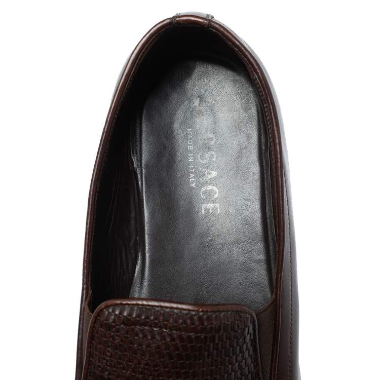 Pre Owned Versace Brown Woven Leather Slip On Loafers Size 46