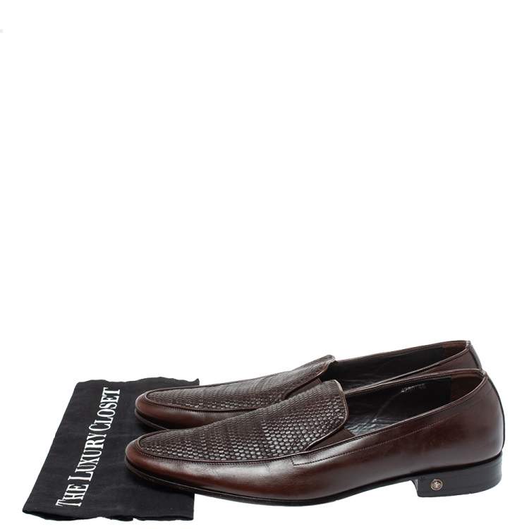 Pre Owned Versace Brown Woven Leather Slip On Loafers Size 46