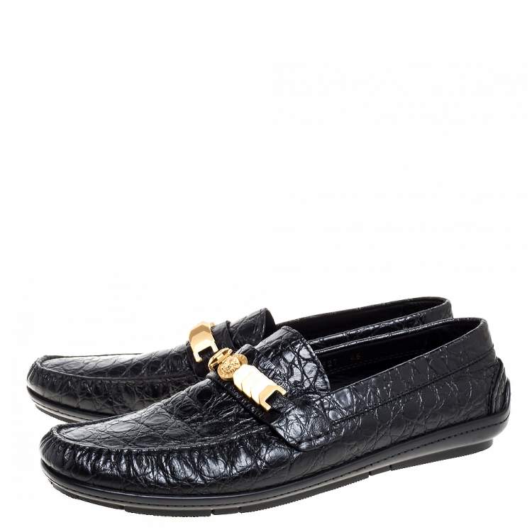 Pre Owned Versace Black Croc Embossed Leather Medusa Loafers Size 45