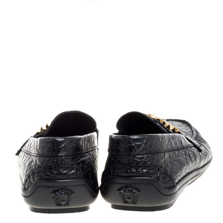 Pre Owned Versace Black Croc Embossed Leather Medusa Loafers Size 45