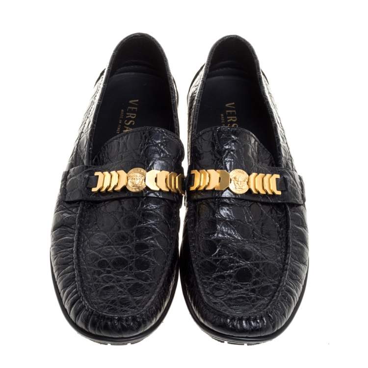 Pre Owned Versace Black Croc Embossed Leather Medusa Loafers Size 45