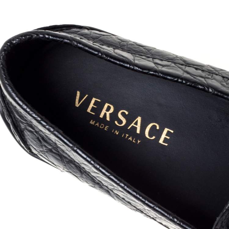 Pre Owned Versace Black Croc Embossed Leather Medusa Loafers Size 45