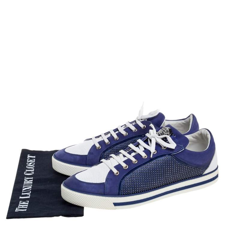Pre Owned Versace Blue Suede Studded Medusa Low Top Sneakers Size 44.5