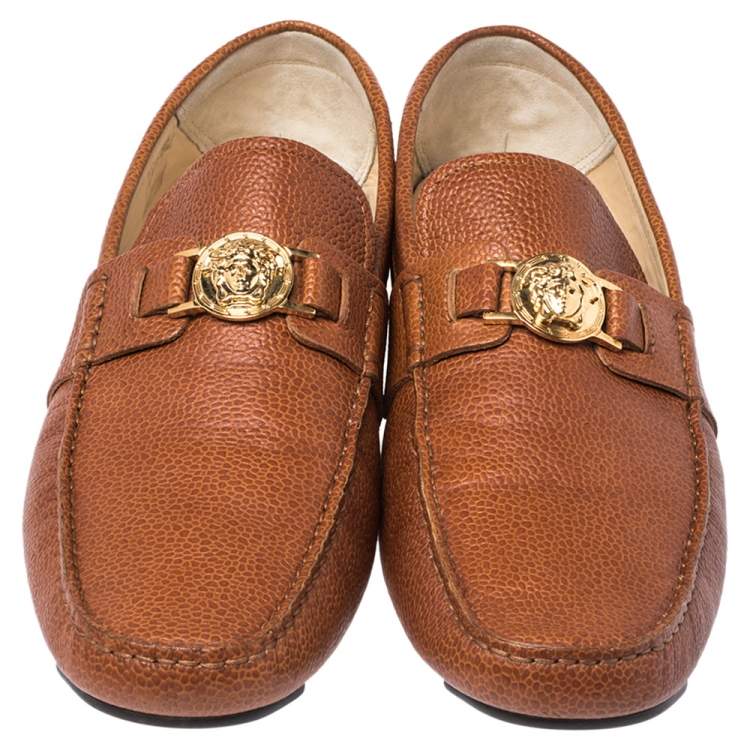 Pre Owned Versace Brown Leather Medusa Detail Slip On Loafers Size 46