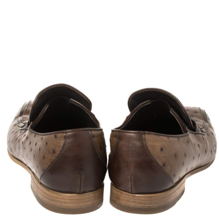 Pre Owned Versace Brown Ostrich Medusa Chain Detail Loafers Size 44