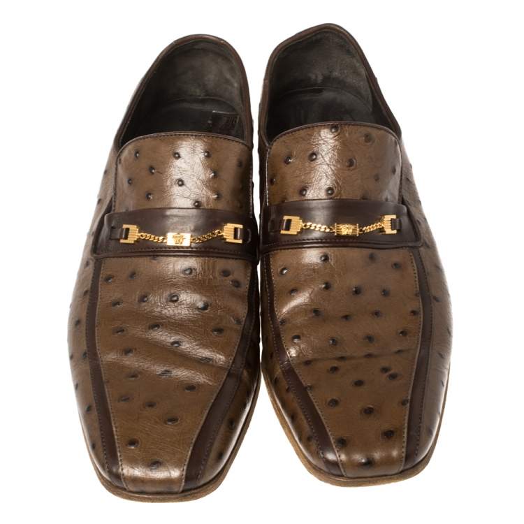 Pre Owned Versace Brown Ostrich Medusa Chain Detail Loafers Size 44