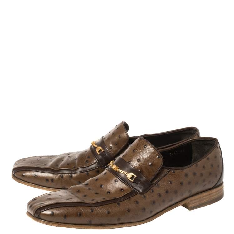 Pre Owned Versace Brown Ostrich Medusa Chain Detail Loafers Size 44