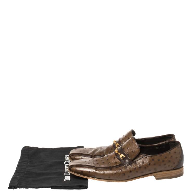 Pre Owned Versace Brown Ostrich Medusa Chain Detail Loafers Size 44