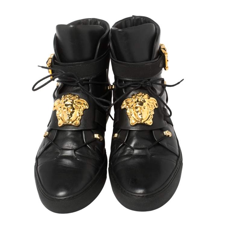 Pre Owned Versace Black Leather Medusa High-Top Sneakers Size 45.5