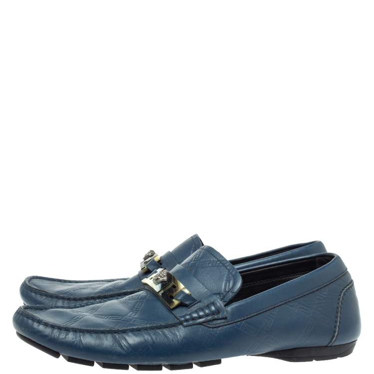 Pre Owned Versace Blue Leather Meander Pattern Medusa Slip On Loafers Size 43