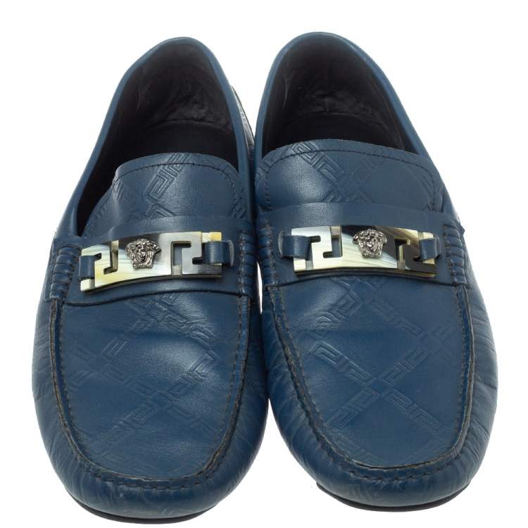 Pre Owned Versace Blue Leather Meander Pattern Medusa Slip On Loafers Size 43