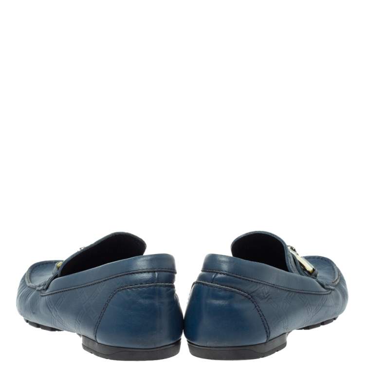 Pre Owned Versace Blue Leather Meander Pattern Medusa Slip On Loafers Size 43