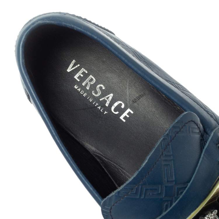 Pre Owned Versace Blue Leather Meander Pattern Medusa Slip On Loafers Size 43