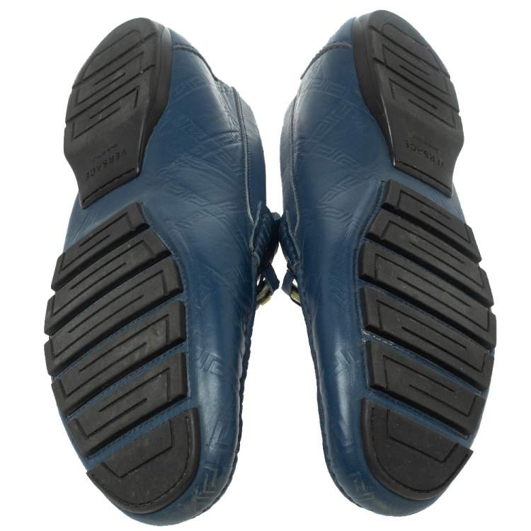 Pre Owned Versace Blue Leather Meander Pattern Medusa Slip On Loafers Size 43