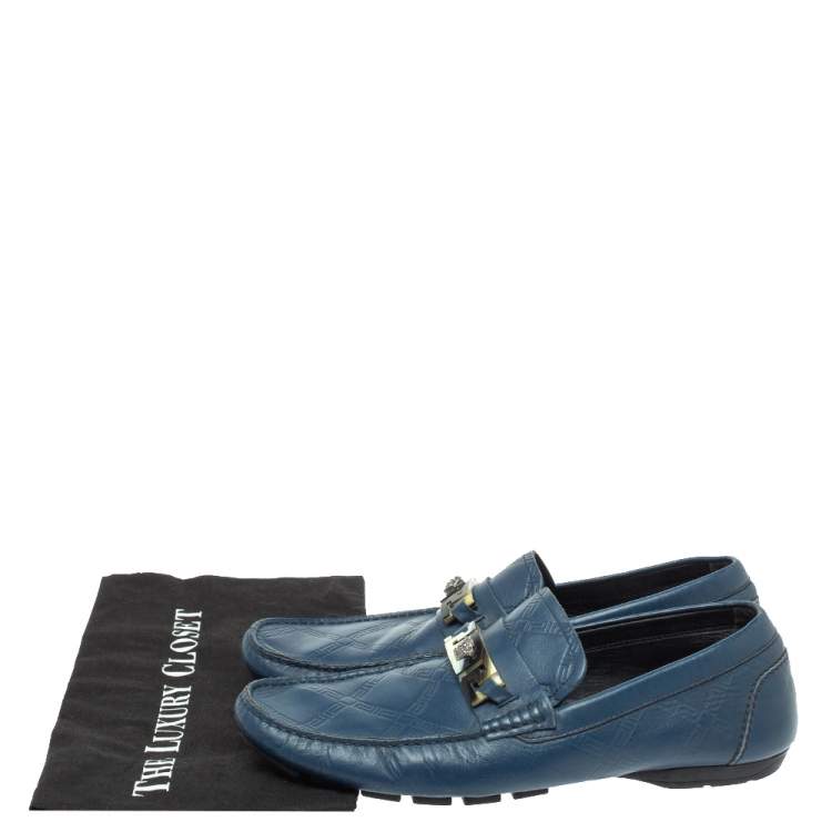Pre Owned Versace Blue Leather Meander Pattern Medusa Slip On Loafers Size 43