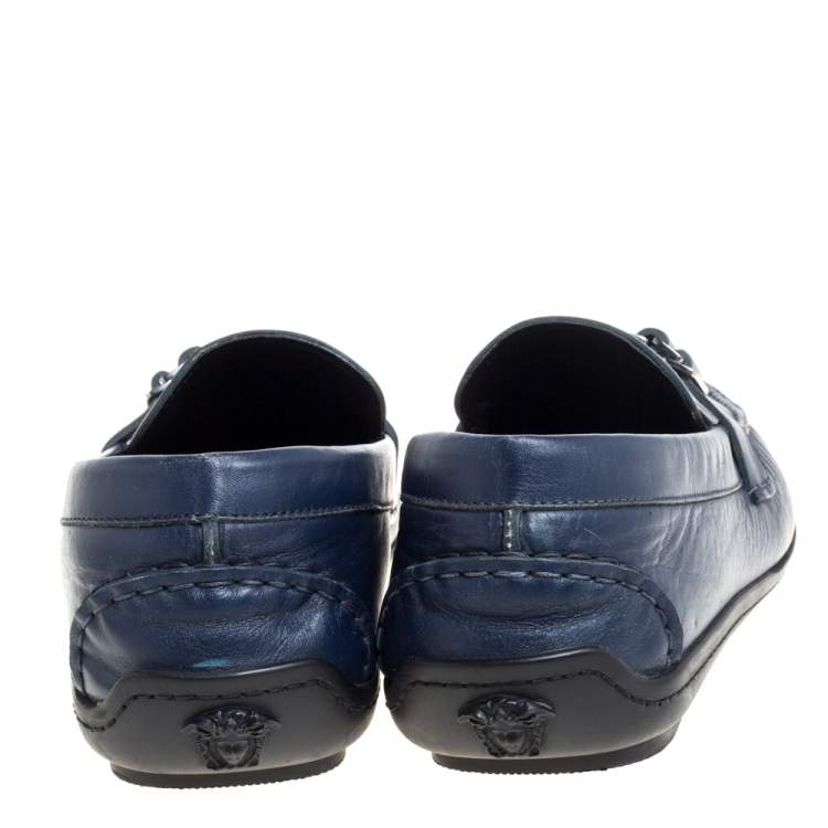 Pre Owned Versace Blue Leather Medusa Slip On  Loafers Size 46