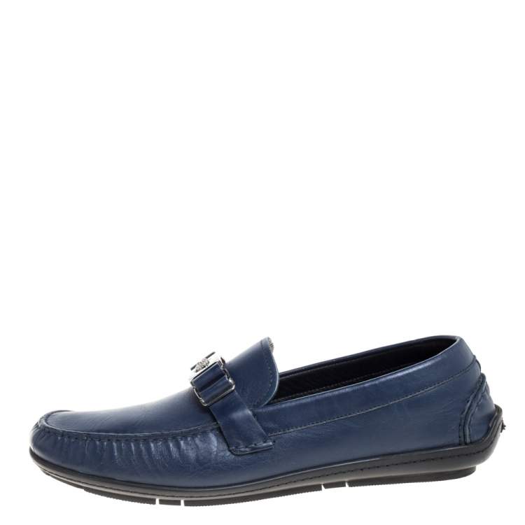 Pre Owned Versace Blue Leather Medusa Slip On  Loafers Size 46