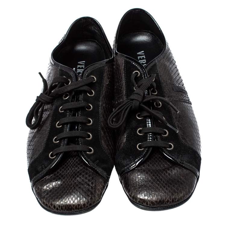 Pre Owned Versace Dark Brown/Black Python and Suede Low Top Sneakers Size 44