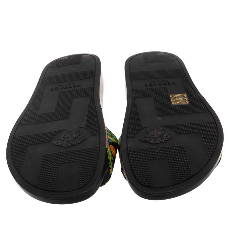Pre Owned Versace Green Printed Leather Slide Sandals Size 43