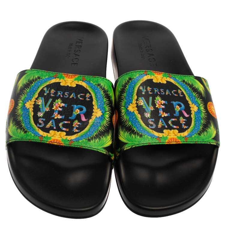 Pre Owned Versace Green Printed Leather Slide Sandals Size 43