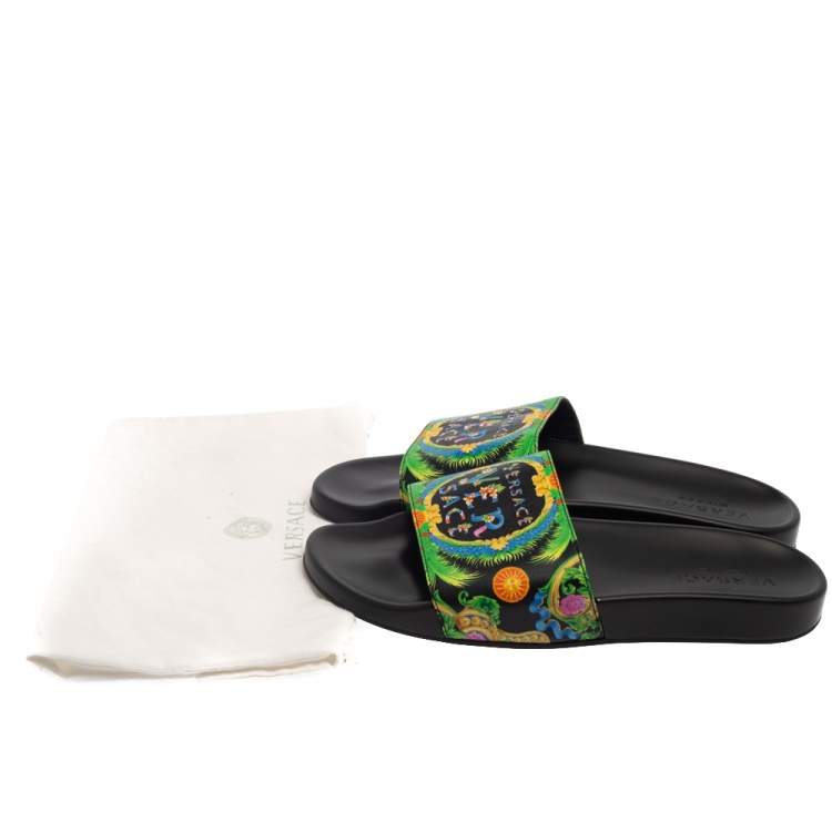 Pre Owned Versace Green Printed Leather Slide Sandals Size 43