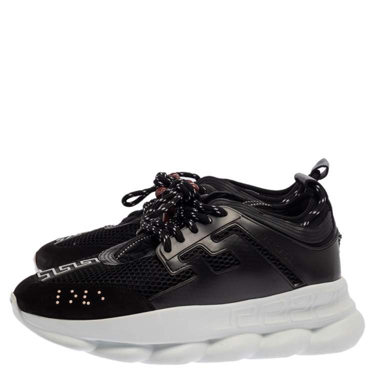 Pre Owned Versace Black Mesh And Leather Chain Reaction Sneakers Size 42