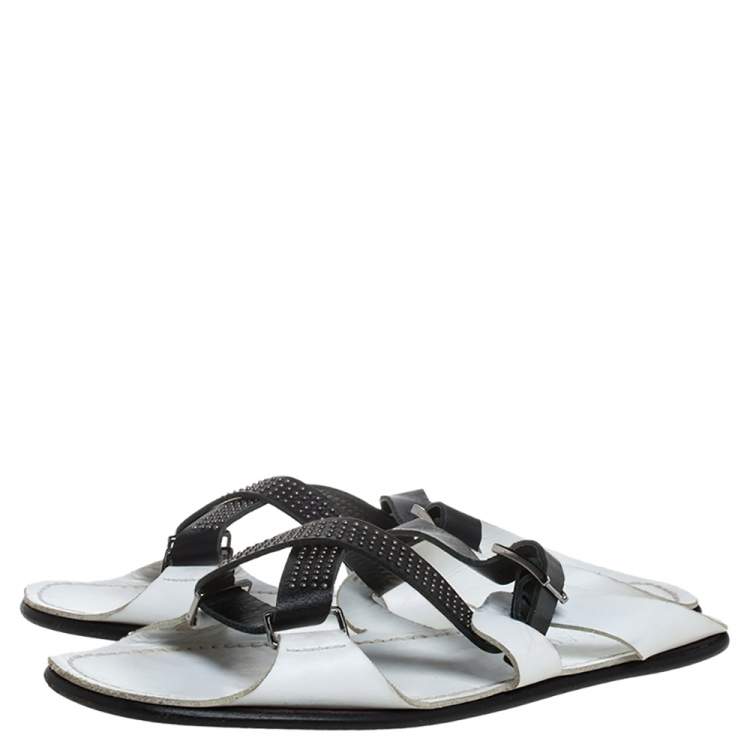 Pre Owned Versace White Leather Crossover Slide Sandals Size 43