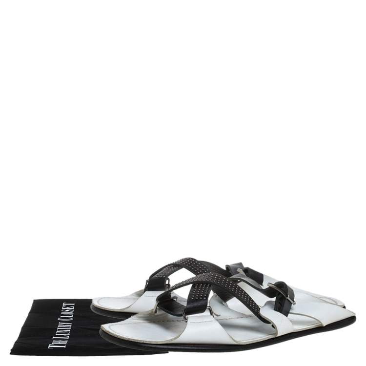 Pre Owned Versace White Leather Crossover Slide Sandals Size 43