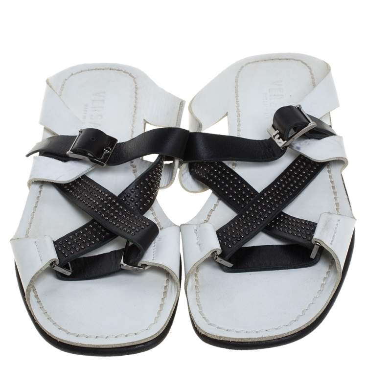 Pre Owned Versace White Leather Crossover Slide Sandals Size 43