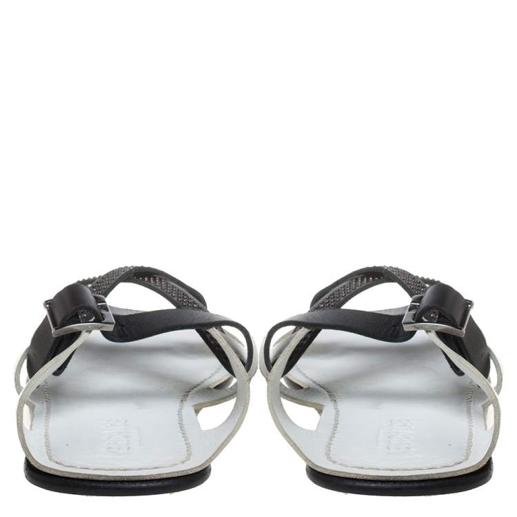 Pre Owned Versace White Leather Crossover Slide Sandals Size 43