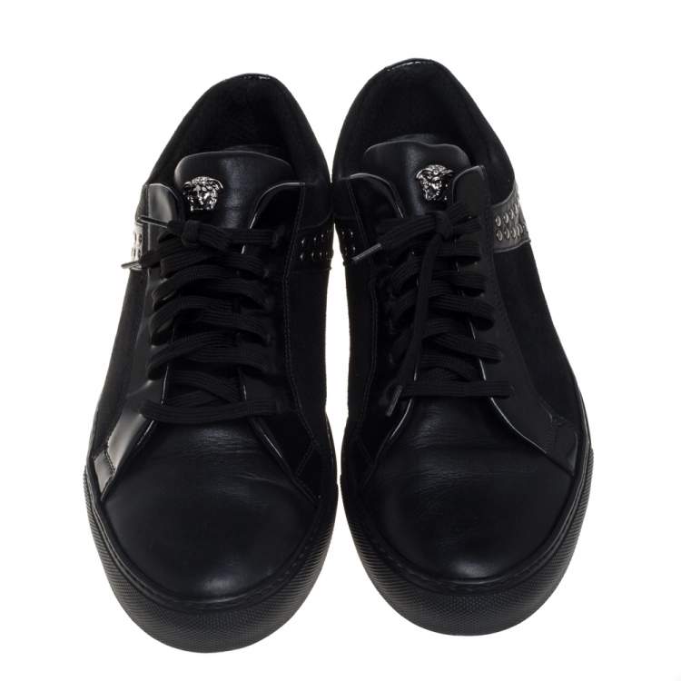 Pre Owned Versace Black Leather And Suede Medusa Studded Low Top Sneakers Size 43