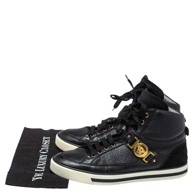 Pre Owned Versace Black Leather And Suede Medusa Strap High Top Sneakers Size 43
